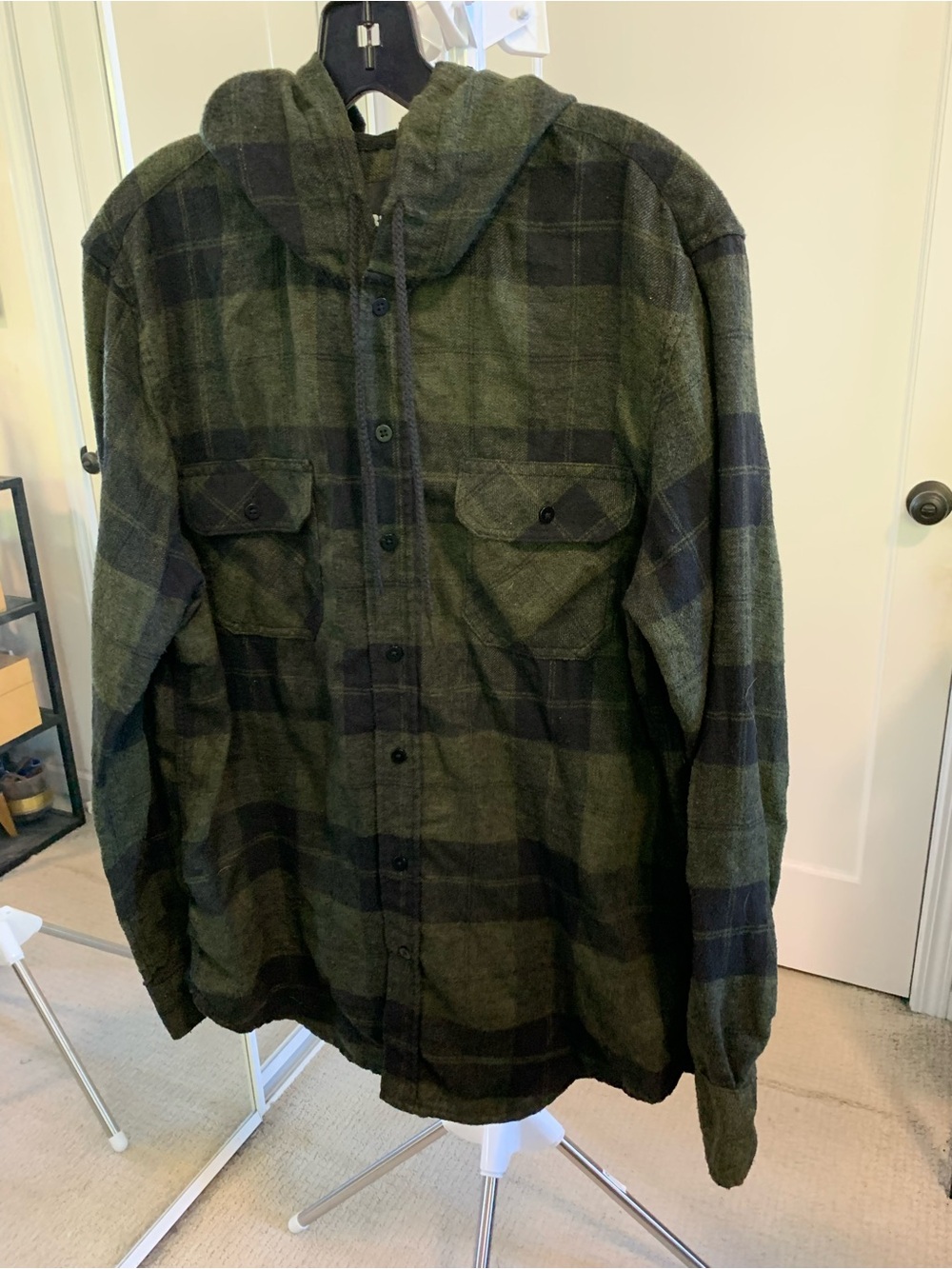 RSQ Men's Dark Green and Black Plaid Hooded Button-Down Shirt